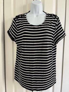 Weekends by Chico's Size 2 Black White Striped Lace-Up Shoulder Knit Top (US L)